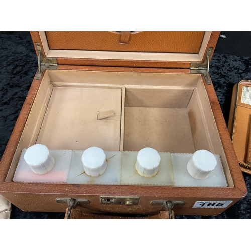 165 - VINTAGE FITTED VANITY CASE COMPLETE WITH BRASS FITTINGS, SILK BAG AND 2 LEATHER CASES