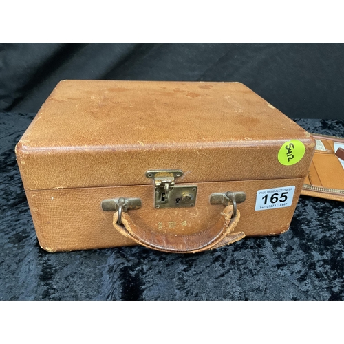 165 - VINTAGE FITTED VANITY CASE COMPLETE WITH BRASS FITTINGS, SILK BAG AND 2 LEATHER CASES