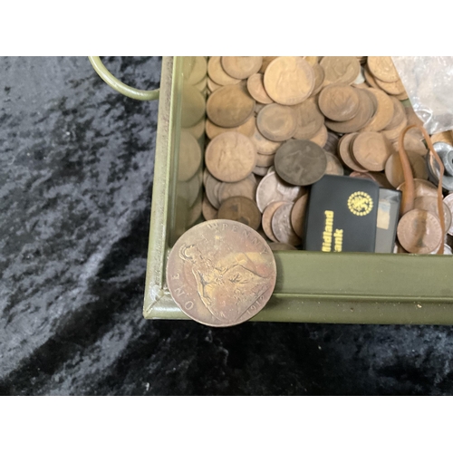 177 - TIN BOX AND COINS