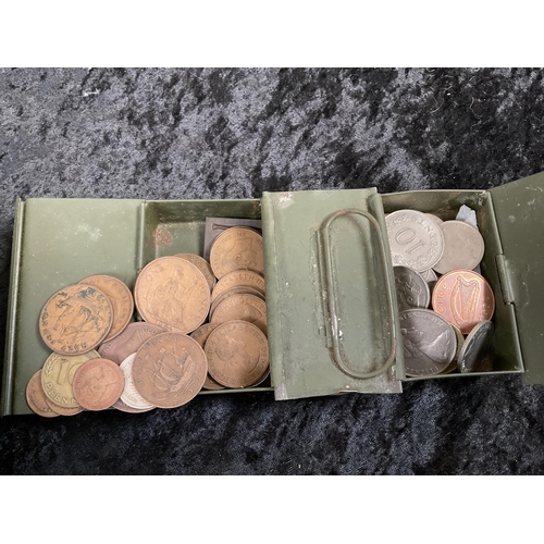 177 - TIN BOX AND COINS