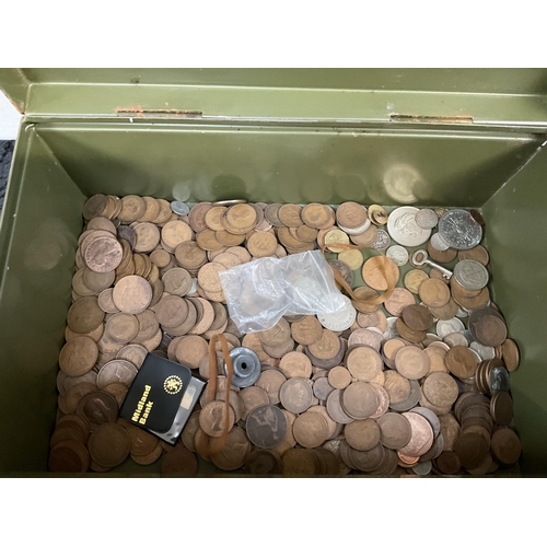 177 - TIN BOX AND COINS