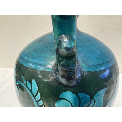 205 - EARLY ORIENTAL BLUE TWIN HANDLED VASE WITH SERPENT HANDLES A/F H13