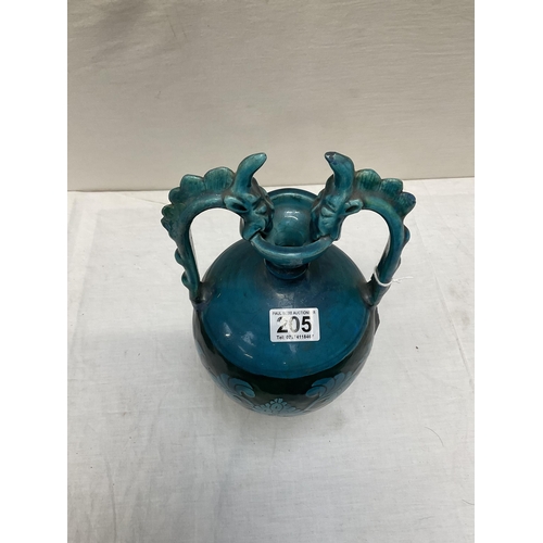 205 - EARLY ORIENTAL BLUE TWIN HANDLED VASE WITH SERPENT HANDLES A/F H13