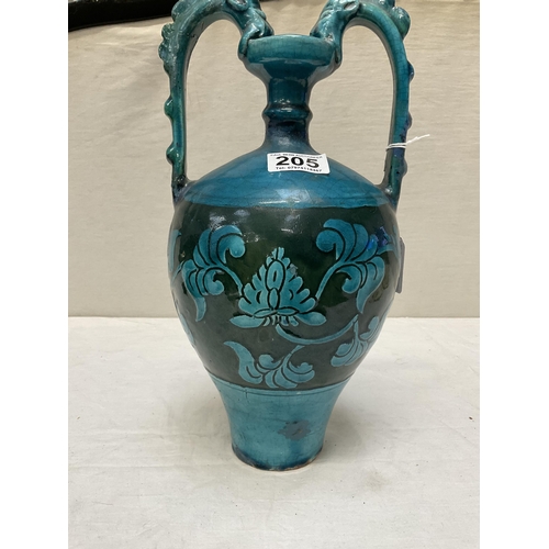 205 - EARLY ORIENTAL BLUE TWIN HANDLED VASE WITH SERPENT HANDLES A/F H13