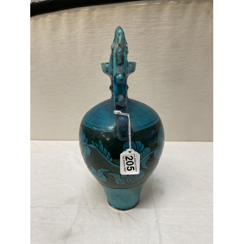 205 - EARLY ORIENTAL BLUE TWIN HANDLED VASE WITH SERPENT HANDLES A/F H13