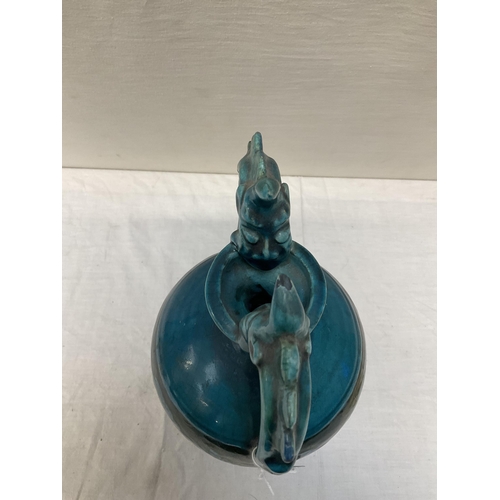 205 - EARLY ORIENTAL BLUE TWIN HANDLED VASE WITH SERPENT HANDLES A/F H13