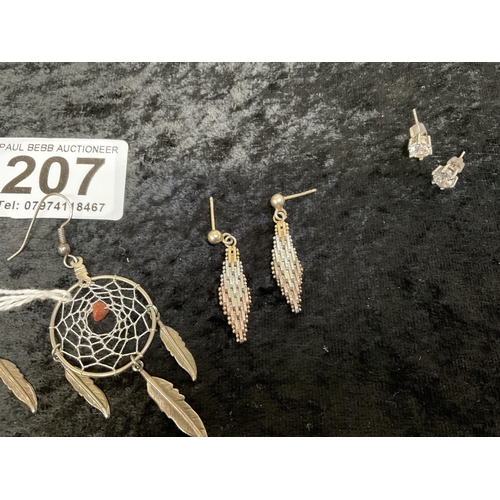 207 - 1 PAIR OF SILVER EARRINGS AND 2 WHITE METAL EARRINGS