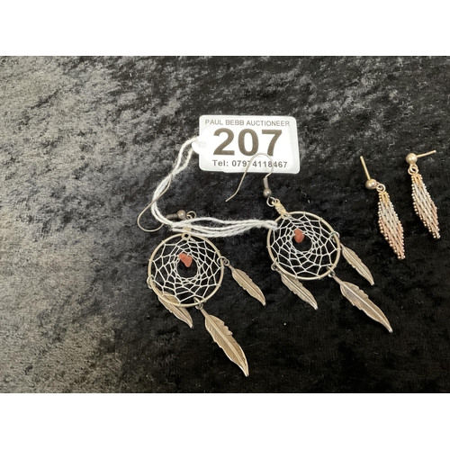 207 - 1 PAIR OF SILVER EARRINGS AND 2 WHITE METAL EARRINGS