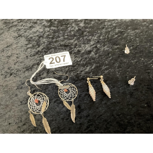 207 - 1 PAIR OF SILVER EARRINGS AND 2 WHITE METAL EARRINGS