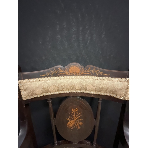 242 - EDWARDIAN MAHOGANY INLAID UPHOLSTERED BEDROOM ARMCHAIR