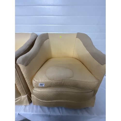 257 - PAIR OF YELLOW UPHOLSTERED TUB CHAIRS A/F