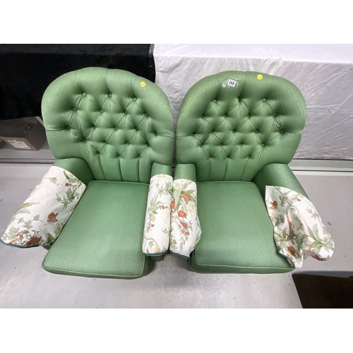 268 - PAIR OF GREEN UPHOLSTERED BUTTON BACK CHAIRS (ARMS WORN AND TORN)