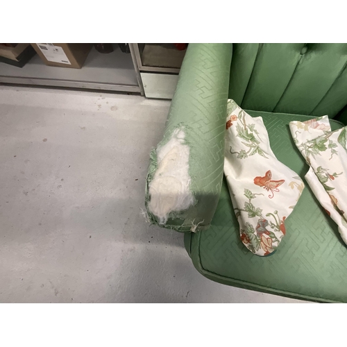 268 - PAIR OF GREEN UPHOLSTERED BUTTON BACK CHAIRS (ARMS WORN AND TORN)