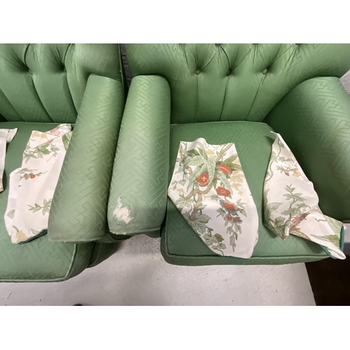 268 - PAIR OF GREEN UPHOLSTERED BUTTON BACK CHAIRS (ARMS WORN AND TORN)