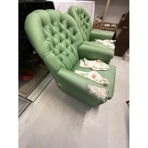 268 - PAIR OF GREEN UPHOLSTERED BUTTON BACK CHAIRS (ARMS WORN AND TORN)