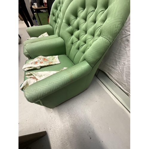 268 - PAIR OF GREEN UPHOLSTERED BUTTON BACK CHAIRS (ARMS WORN AND TORN)