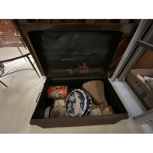 285 - VICTORIAN TIN CHEST AND TINS