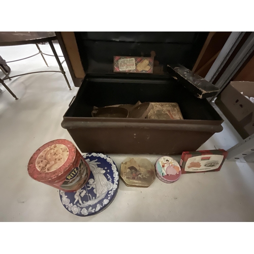 285 - VICTORIAN TIN CHEST AND TINS