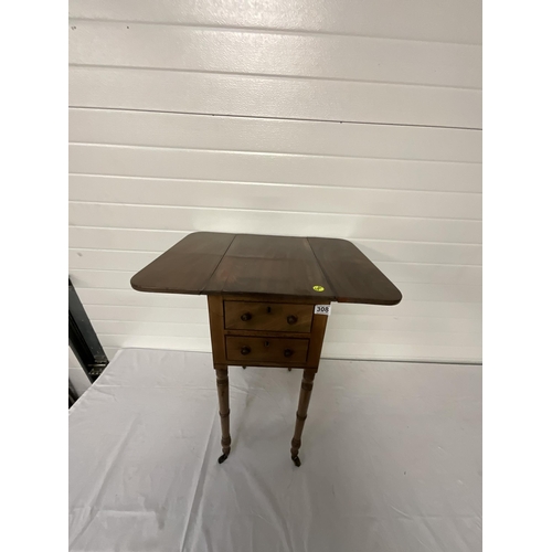 308 - VICTORIAN MAHOGANY SEWING TABLE WITH 2 DRAWERS AND DROP LEAVES ON TURNED LEGS
H29