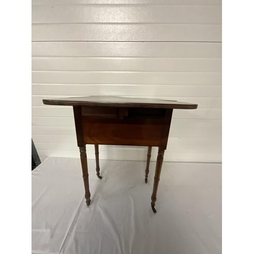 308 - VICTORIAN MAHOGANY SEWING TABLE WITH 2 DRAWERS AND DROP LEAVES ON TURNED LEGS
H29