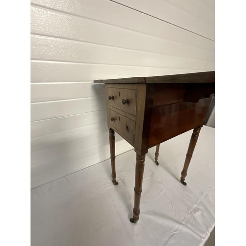 308 - VICTORIAN MAHOGANY SEWING TABLE WITH 2 DRAWERS AND DROP LEAVES ON TURNED LEGS
H29