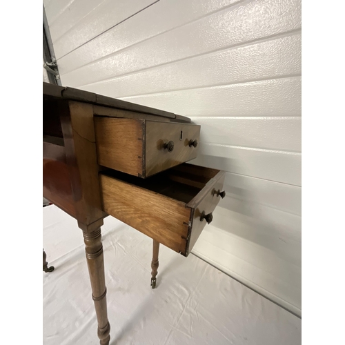 308 - VICTORIAN MAHOGANY SEWING TABLE WITH 2 DRAWERS AND DROP LEAVES ON TURNED LEGS
H29