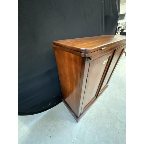 358 - VICTORIAN MAHOGANY CABINET WITH 2 DOORS AND FOLDING TOP TO CONVERT INTO WRITING TABLE H33