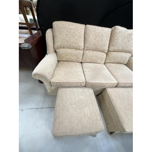 362 - BIEGE PATTERNED 3 SEATER SETTEE MATCHING CHAIR AND 3 MATCHING FOOT STOOLS