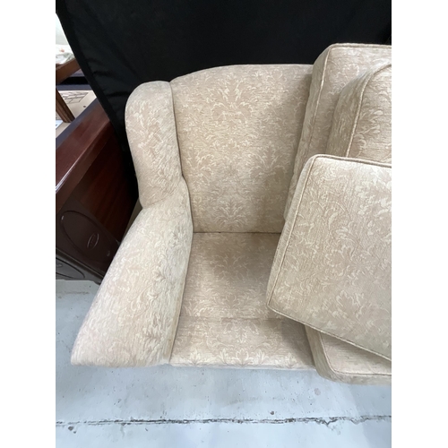 362 - BIEGE PATTERNED 3 SEATER SETTEE MATCHING CHAIR AND 3 MATCHING FOOT STOOLS