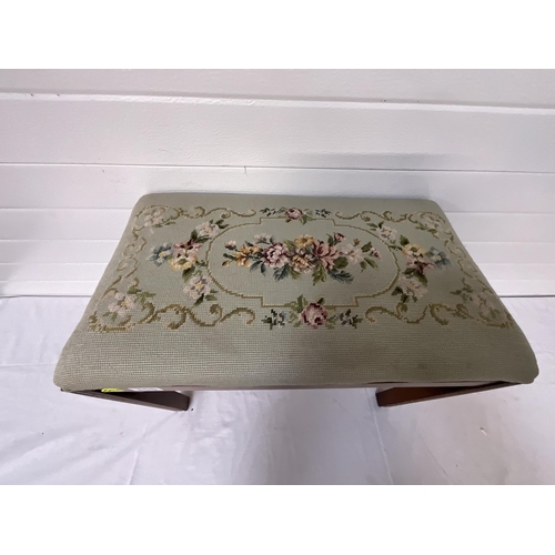 368 - EDWARDIAN MAHOGANY STRETCHERED BEDROOM STOOL WITH UPHOLSTERED NEEDLE POINT TOP