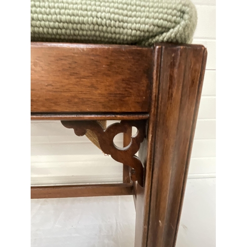 368 - EDWARDIAN MAHOGANY STRETCHERED BEDROOM STOOL WITH UPHOLSTERED NEEDLE POINT TOP