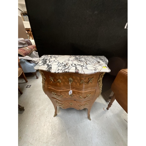 375 - FRENCH STYLE 3 DRAWER BOULLE CHEST WITH MARBLE TOP AND BRASS GILT DECORATION H34