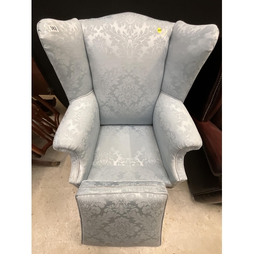 382 - BLUE UPHOLSTERED WING BACK ARMCHAIR ON CLAW AND BALL FEET