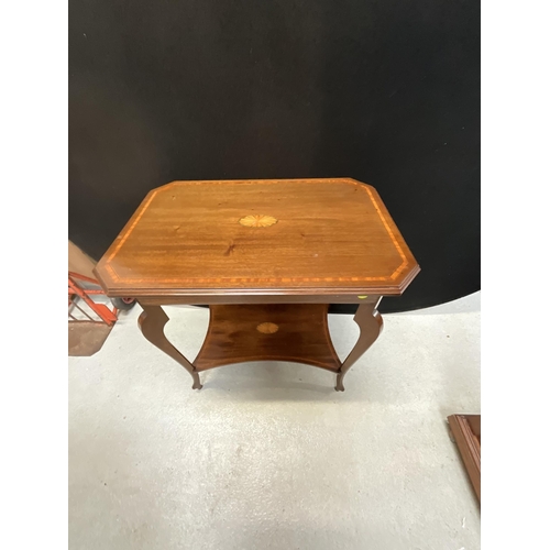 389 - EDWARDIAN MAHOGANY INLAID WINDOW TABLE WITH UNDER TIER SHELF H30