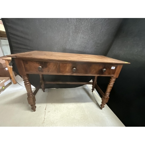 398 - VICTORIAN MAHOGANY 3 DRAWER WRITING OR SIDE TABLE ON TURNED AND STRETCHERED LEGS - SHOWING 3 DRAWERS... 