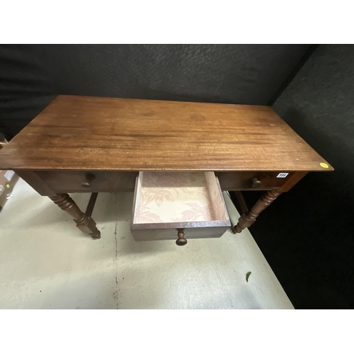 398 - VICTORIAN MAHOGANY 3 DRAWER WRITING OR SIDE TABLE ON TURNED AND STRETCHERED LEGS - SHOWING 3 DRAWERS... 