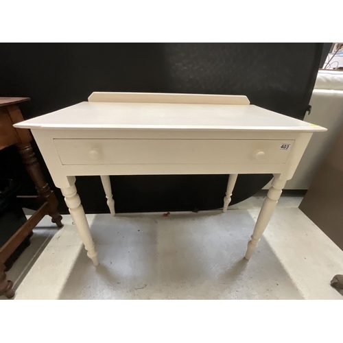 403 - VICTORIAN CREAM PAINTED TABLE WITH DRAWER ON TURNED LEGS H30