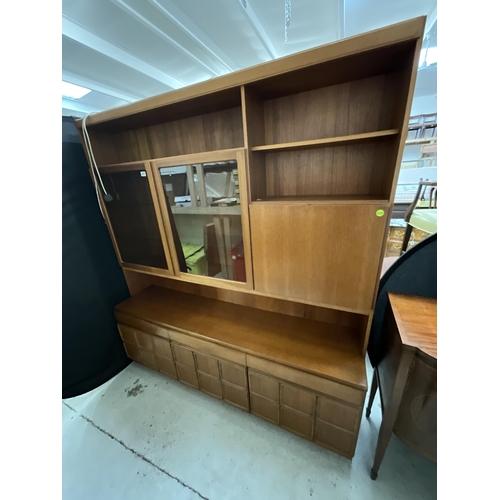 407 - VINTAGE BADGED MACKINTOSH TEAK LOUNGE UNIT, TOP WITH 2 GLASS DOORS AND DRINKS COMPARTMENT, BASE 3 DR... 