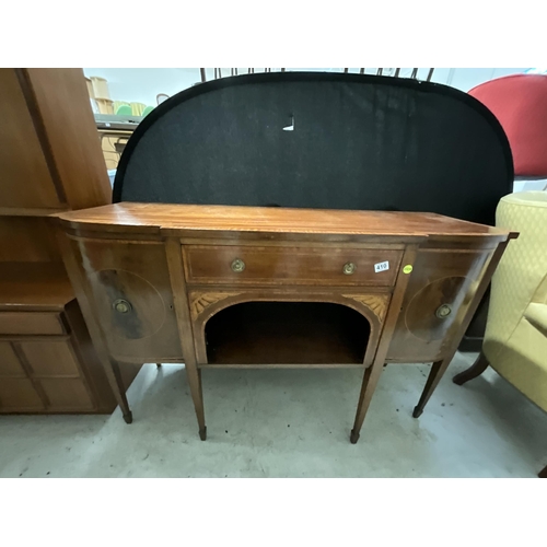 410 - MAHOGANY INLAID BREAKFRONT SIDEBOARD WITH CENTRAL DRAWER FLANKED BY 2 DOORS ON SABRE LEGS H36