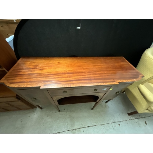 410 - MAHOGANY INLAID BREAKFRONT SIDEBOARD WITH CENTRAL DRAWER FLANKED BY 2 DOORS ON SABRE LEGS H36