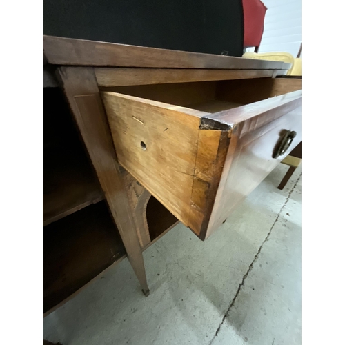 410 - MAHOGANY INLAID BREAKFRONT SIDEBOARD WITH CENTRAL DRAWER FLANKED BY 2 DOORS ON SABRE LEGS H36