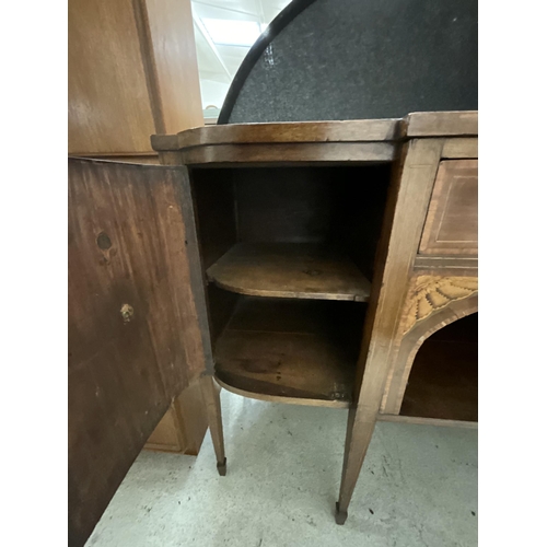 410 - MAHOGANY INLAID BREAKFRONT SIDEBOARD WITH CENTRAL DRAWER FLANKED BY 2 DOORS ON SABRE LEGS H36