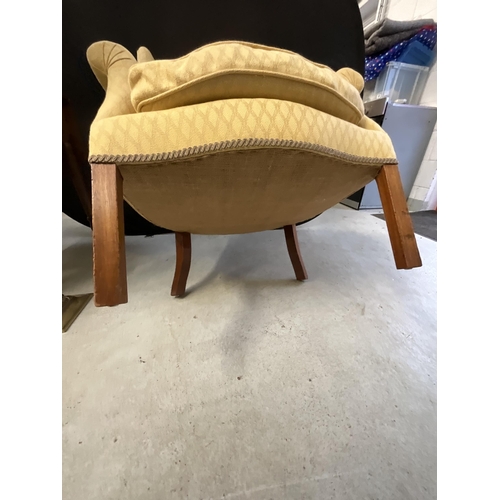 412 - YELLOW UPHOLSTERED BUTTON BACK MAHOGANY FIRESIDE CHAIR