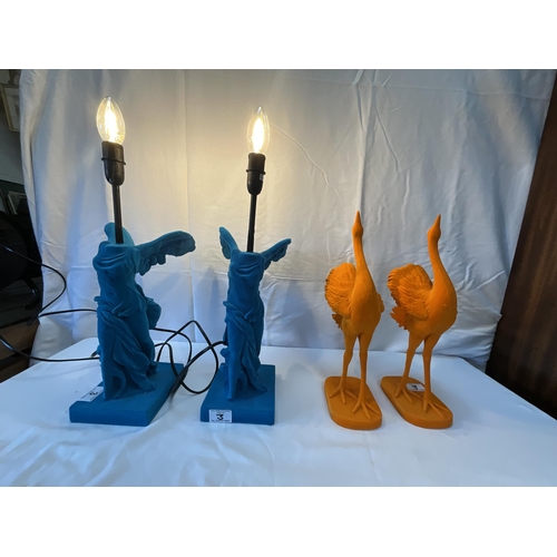 3 - PAIR OF MODERN FELT COVERED ANGEL TORSO TABLE LAMPS AND A PAIR FELT COVERED ORNAMENTAL OSTRICHES
TAL... 