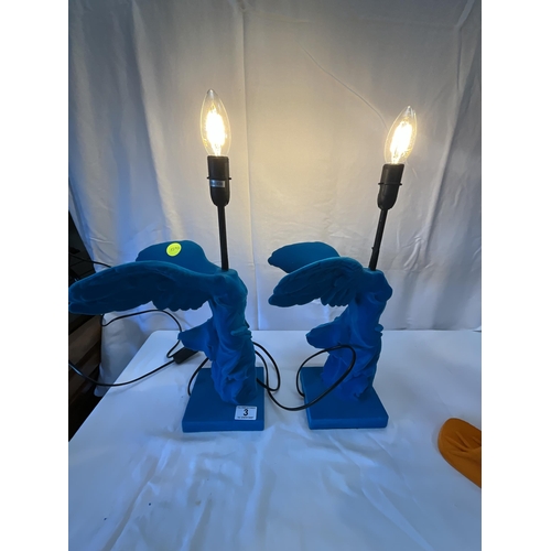 3 - PAIR OF MODERN FELT COVERED ANGEL TORSO TABLE LAMPS AND A PAIR FELT COVERED ORNAMENTAL OSTRICHES
TAL... 