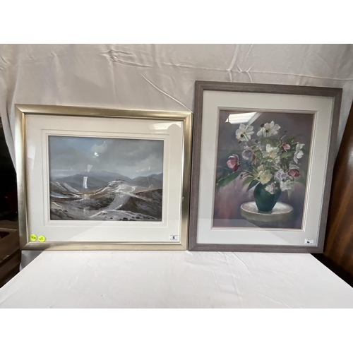 6 - PETER SHUTT FRAMED PASTEL OF LOUGHRIGG FELL LOOKING TOWARDS WETHERLAM IN FEBRUARY AND A FRAMED FLORA... 