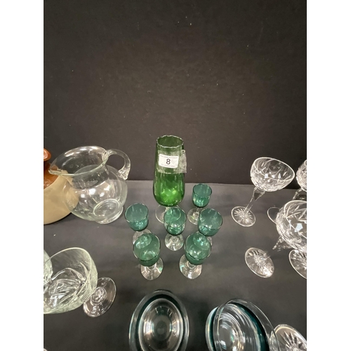 8 - 2 BOXES OF GLASSWARE TO INCLUDE CRYSTAL GOBLETS, COLOURED GLASS ETC