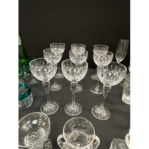 8 - 2 BOXES OF GLASSWARE TO INCLUDE CRYSTAL GOBLETS, COLOURED GLASS ETC