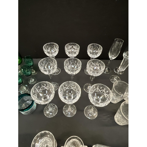 8 - 2 BOXES OF GLASSWARE TO INCLUDE CRYSTAL GOBLETS, COLOURED GLASS ETC