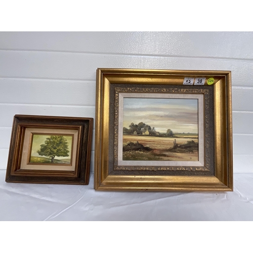 38 - MODERN GILT FRAMED OILS ON CANVAS ENTITLED SLIMMERS END AND A FRAMED OILS ON BOARD SIGNED MELISSA DO... 